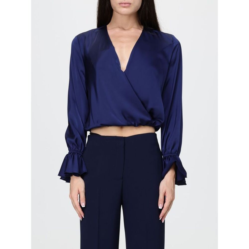 Hanita Women Hanita Cropped Satin V-Neck Blouse With Flared Long Sleeves